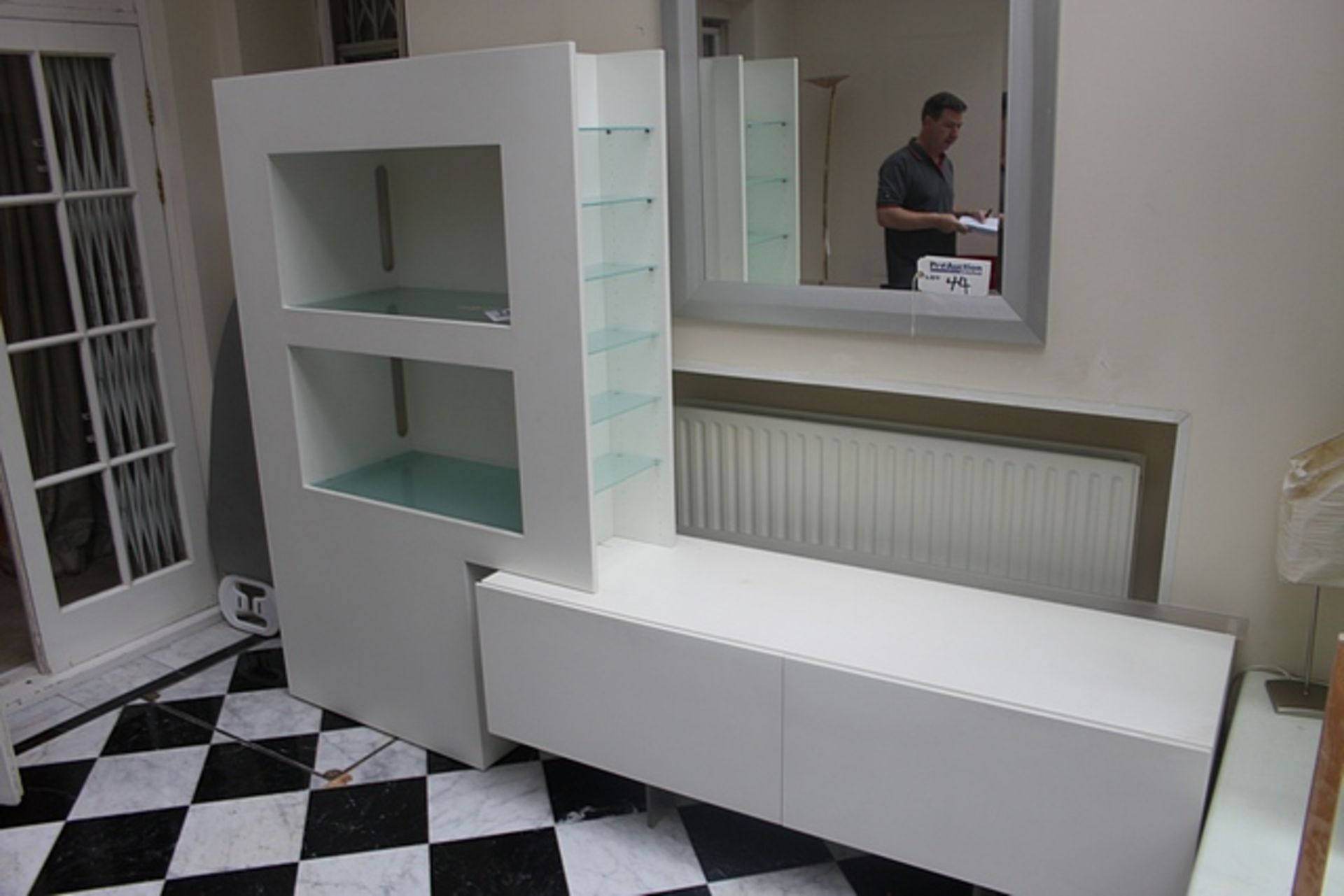 A modern white gloss sideboard display cabinet overall 2500mm x 600mm x 1800mm