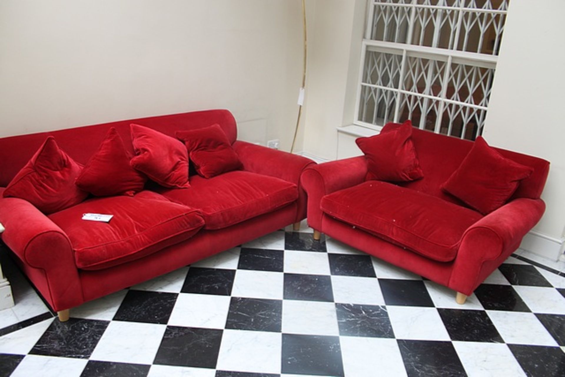 2 x plush velveteen red low back sofas on wooden frame 1 x 1800mm x 1050mm and 1 x 1400mm x 1100mm - Image 2 of 2