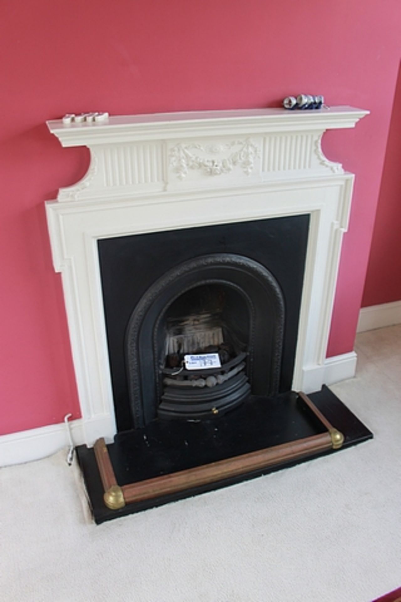 Wooden carved fire surround with slate  hearth cast fireback and grate 1260mm x 1350mm