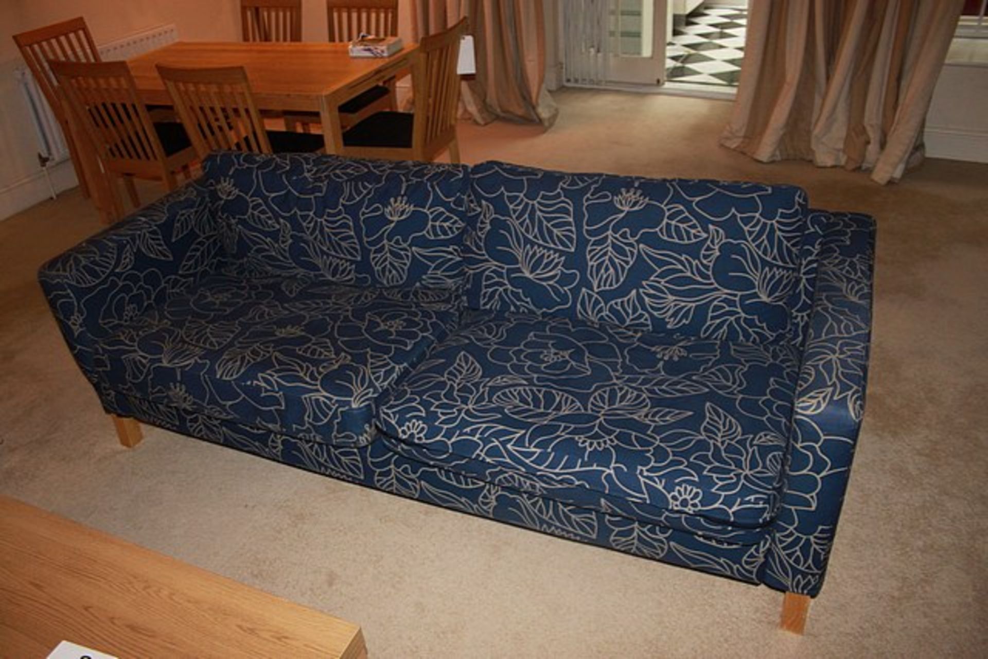 2 x blue upholstered two seater sofas on wooden frame with plush back cushion 2100mm x 900mm