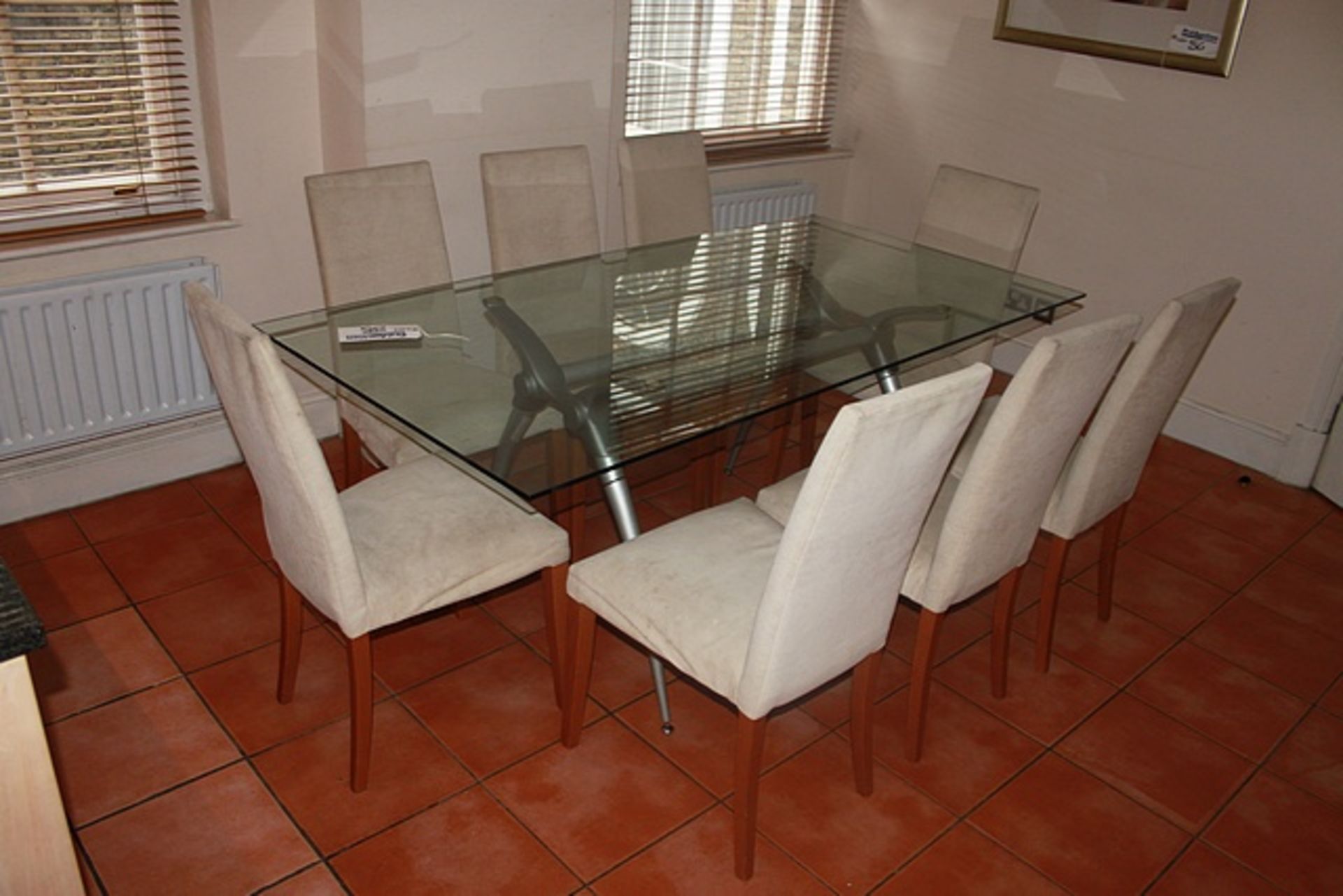 Glass top dining table metal modern framed with 8 x cream upholstered chairs 1830mm x 920mm - Image 2 of 2