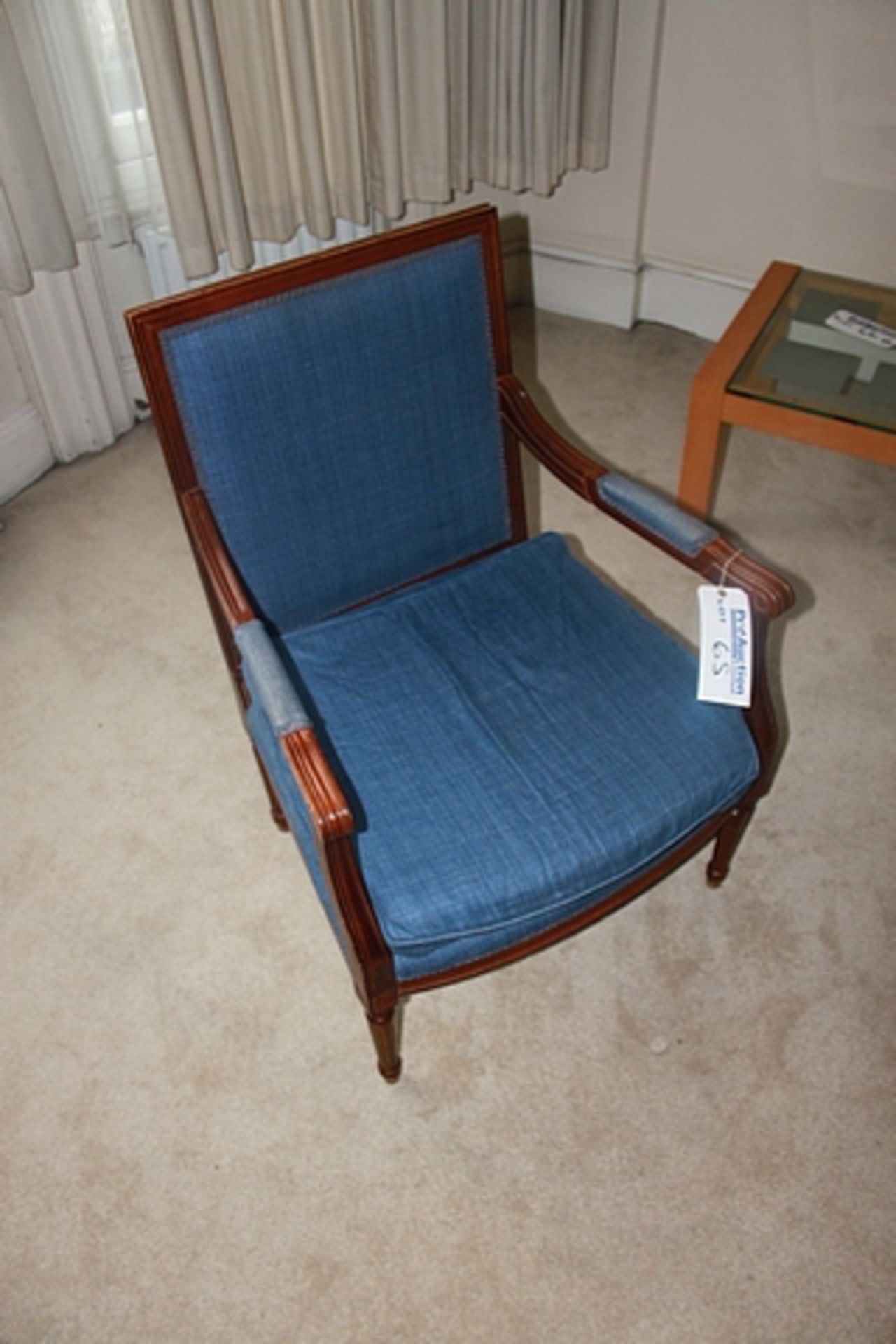 Mahogany library chair upholstered in blue fabric 550mm seat pitch