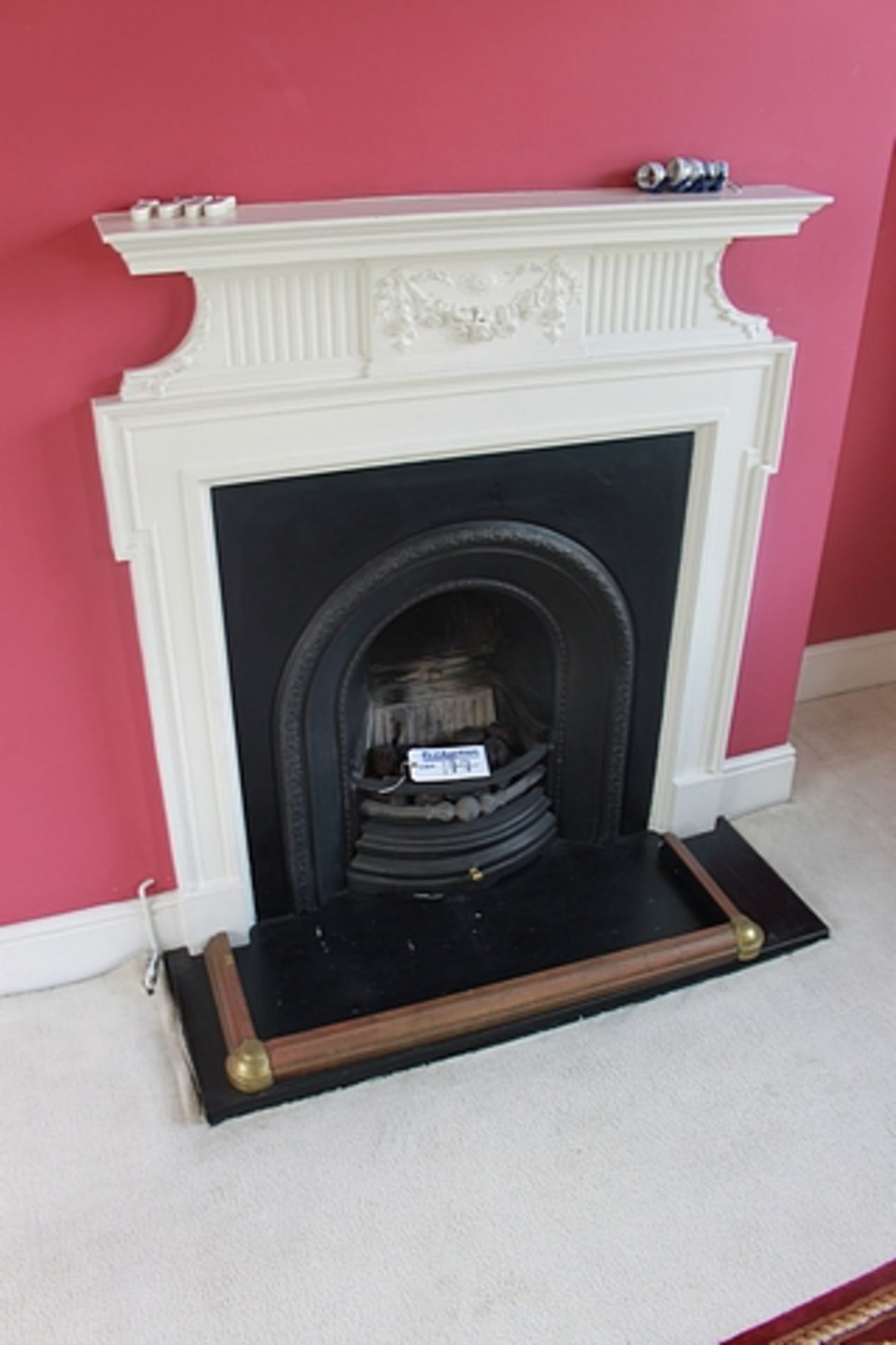 Wooden carved fire surround with slate  hearth cast fireback and grate 1260mm x 1350mm - Image 2 of 2