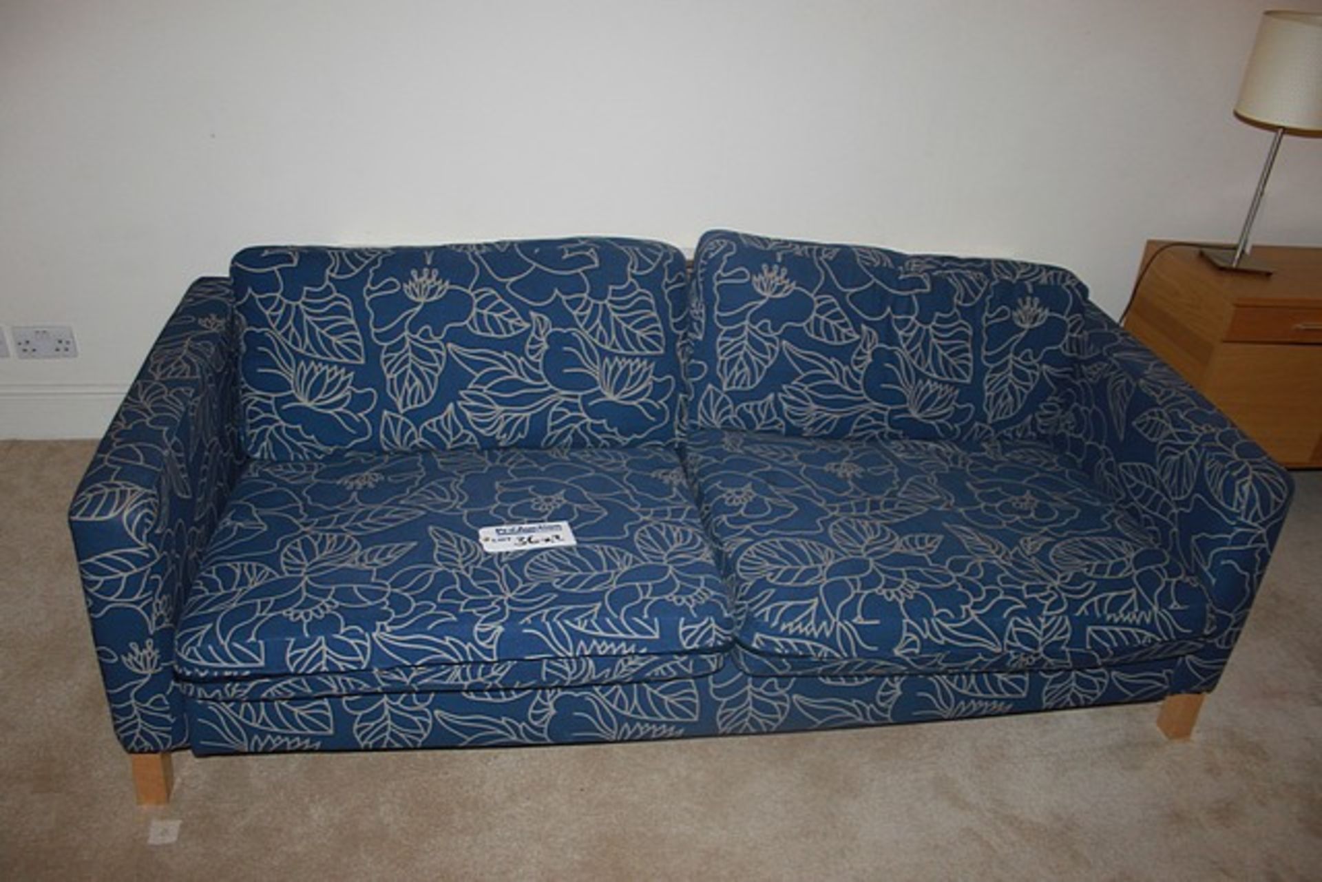 2 x blue upholstered two seater sofas on wooden frame with plush back cushion 2100mm x 900mm - Image 2 of 2