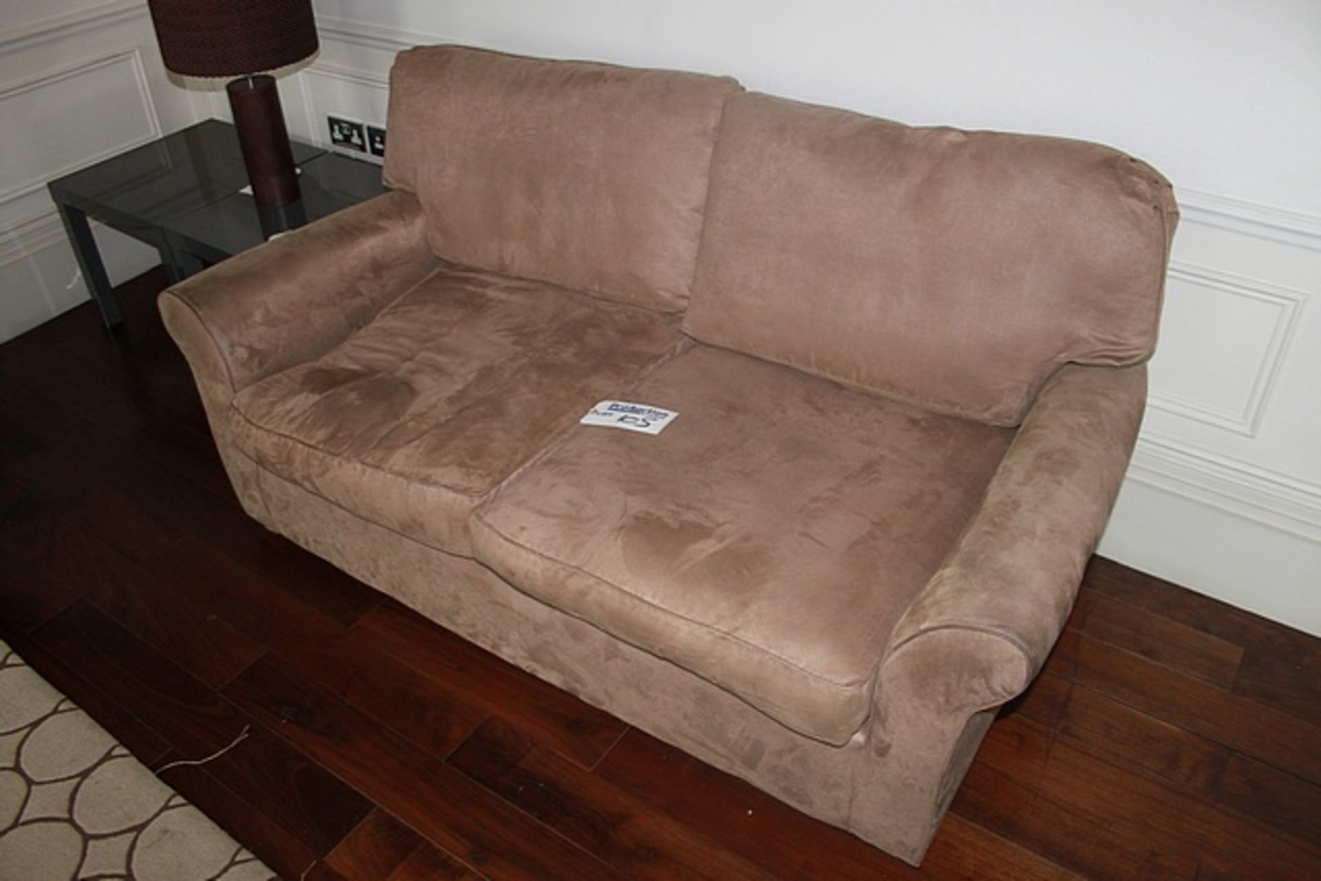 Upholstered two seater caramel coloured sofa in velour 1700mm x 900mm