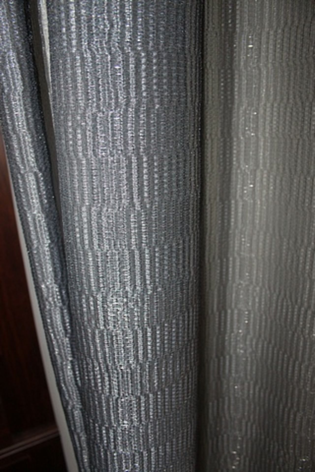 Silvered grey shimmer sheer voil drapes spans 7000mm x 3400mm drop - Image 2 of 3