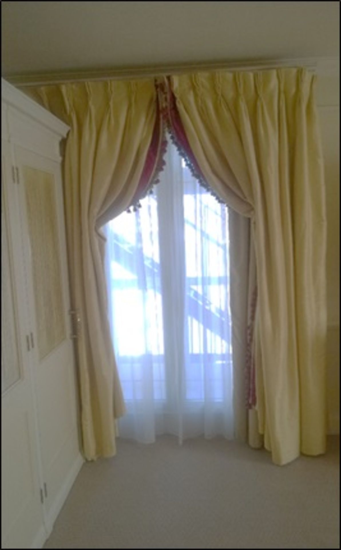 A pair of soft gold lined luxury drape curtains Room211Lift out charge 15