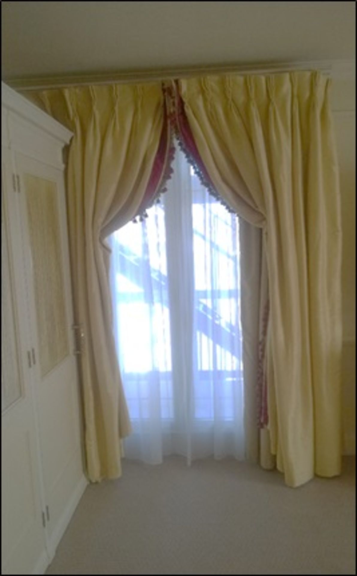 A pair of soft gold lined luxury drape curtains Room504Lift out charge 15