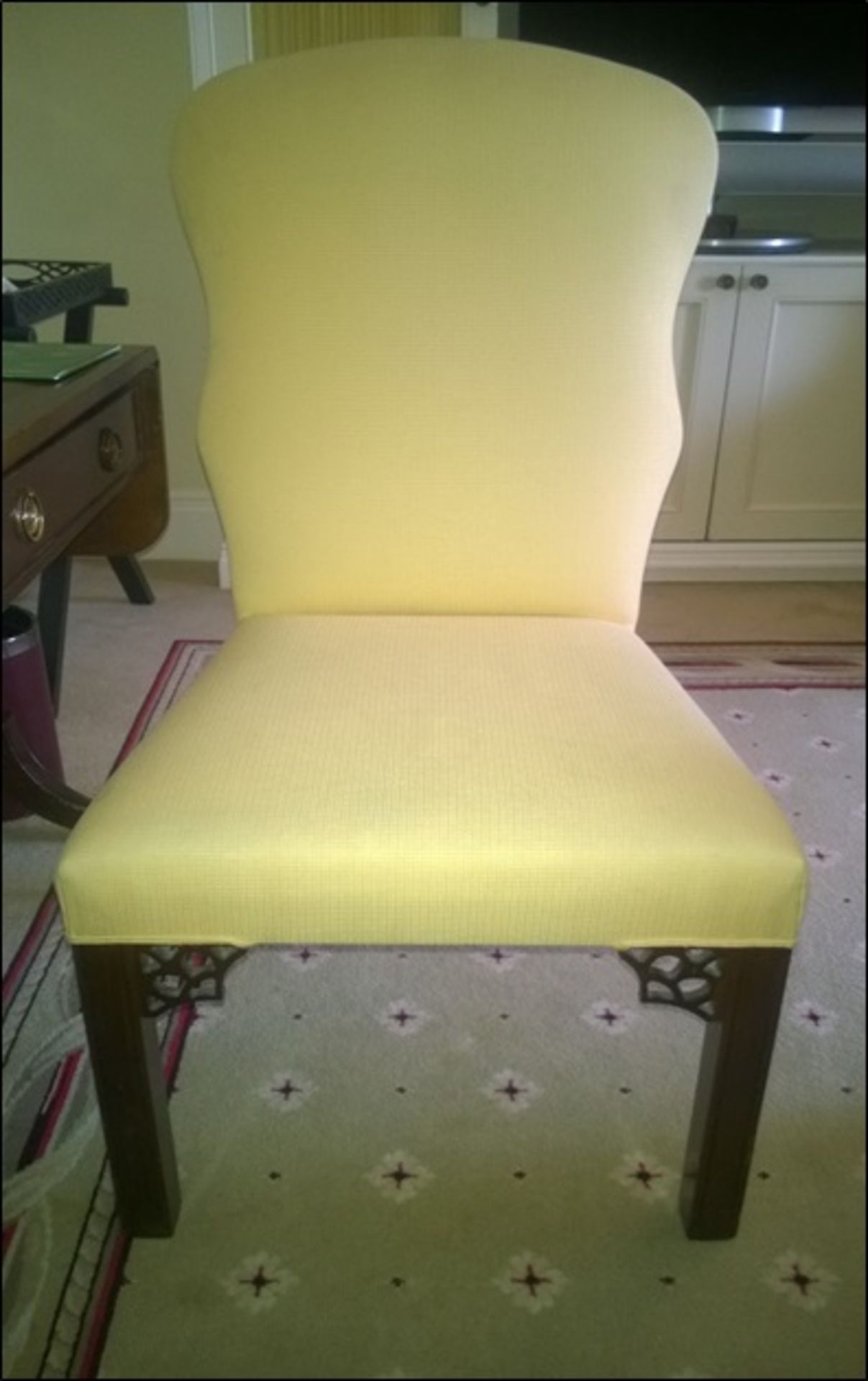An upholstered tall shaped back side chair on mahogany frame with fret work detail Room912Lift out