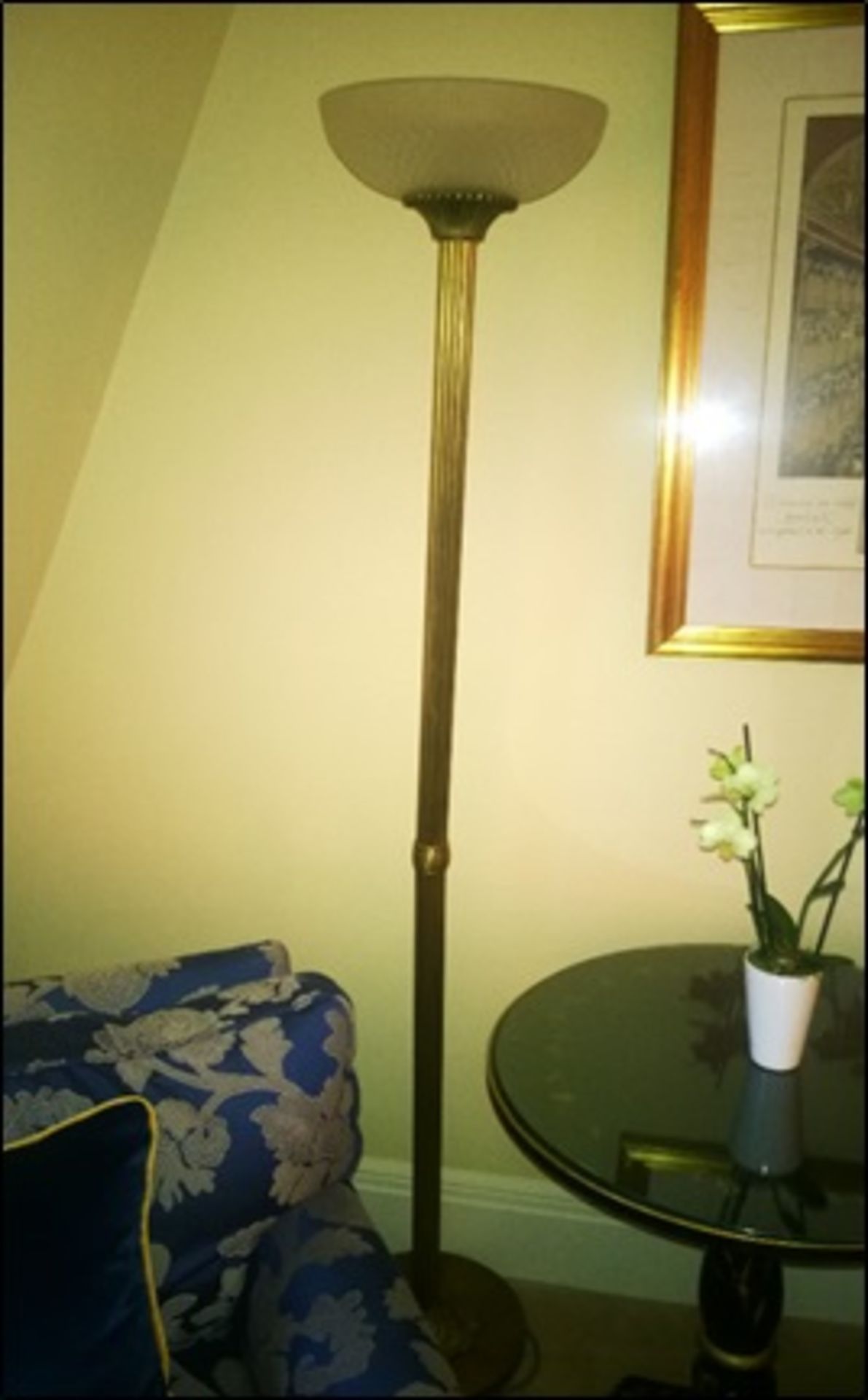 A brass floor standing uplighter lamp with shade Room203Lift out charge 5
