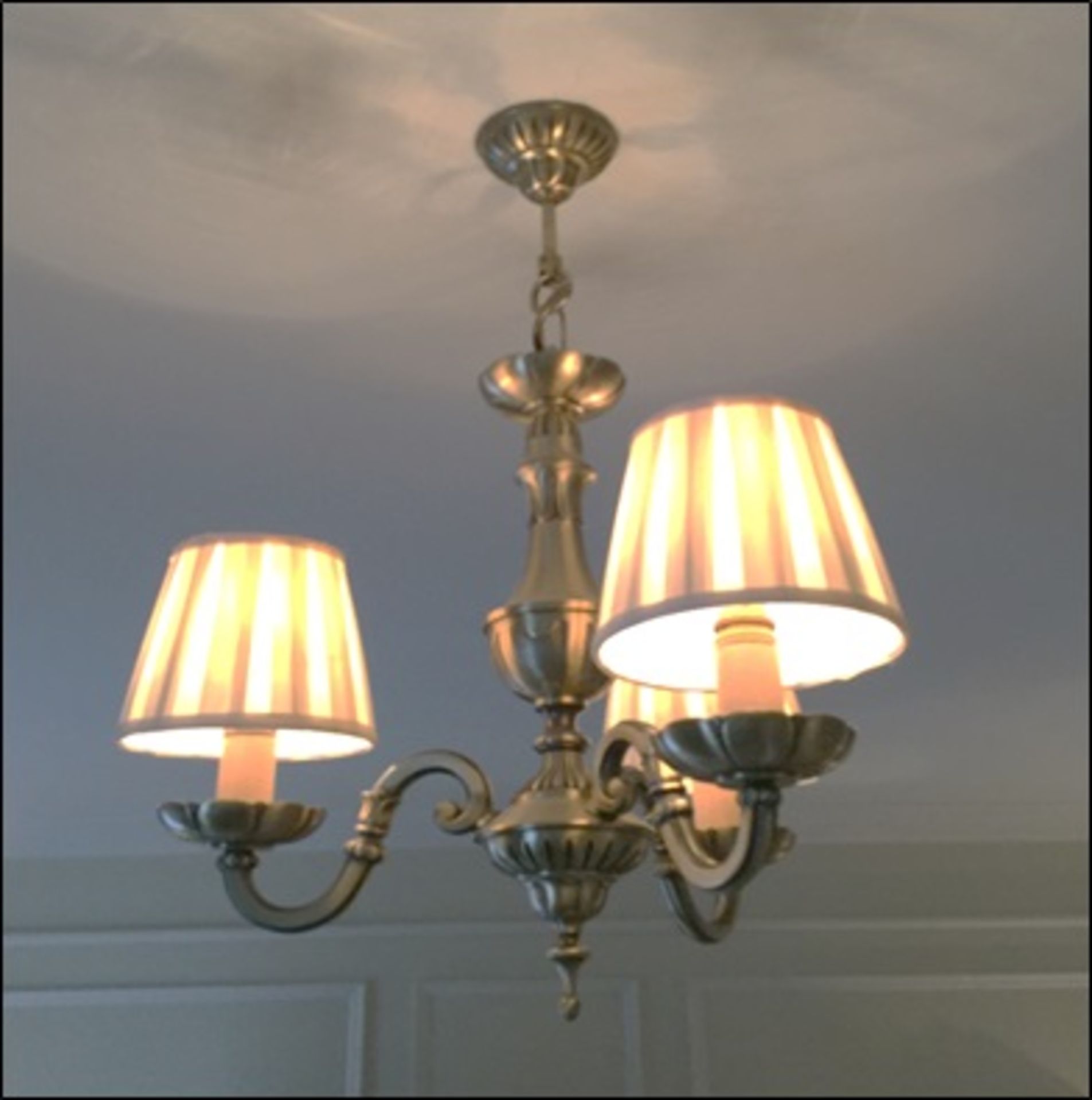 Antique brass three arm chandelier and a chrome glass shade ceiling pendant light Room110Lift out