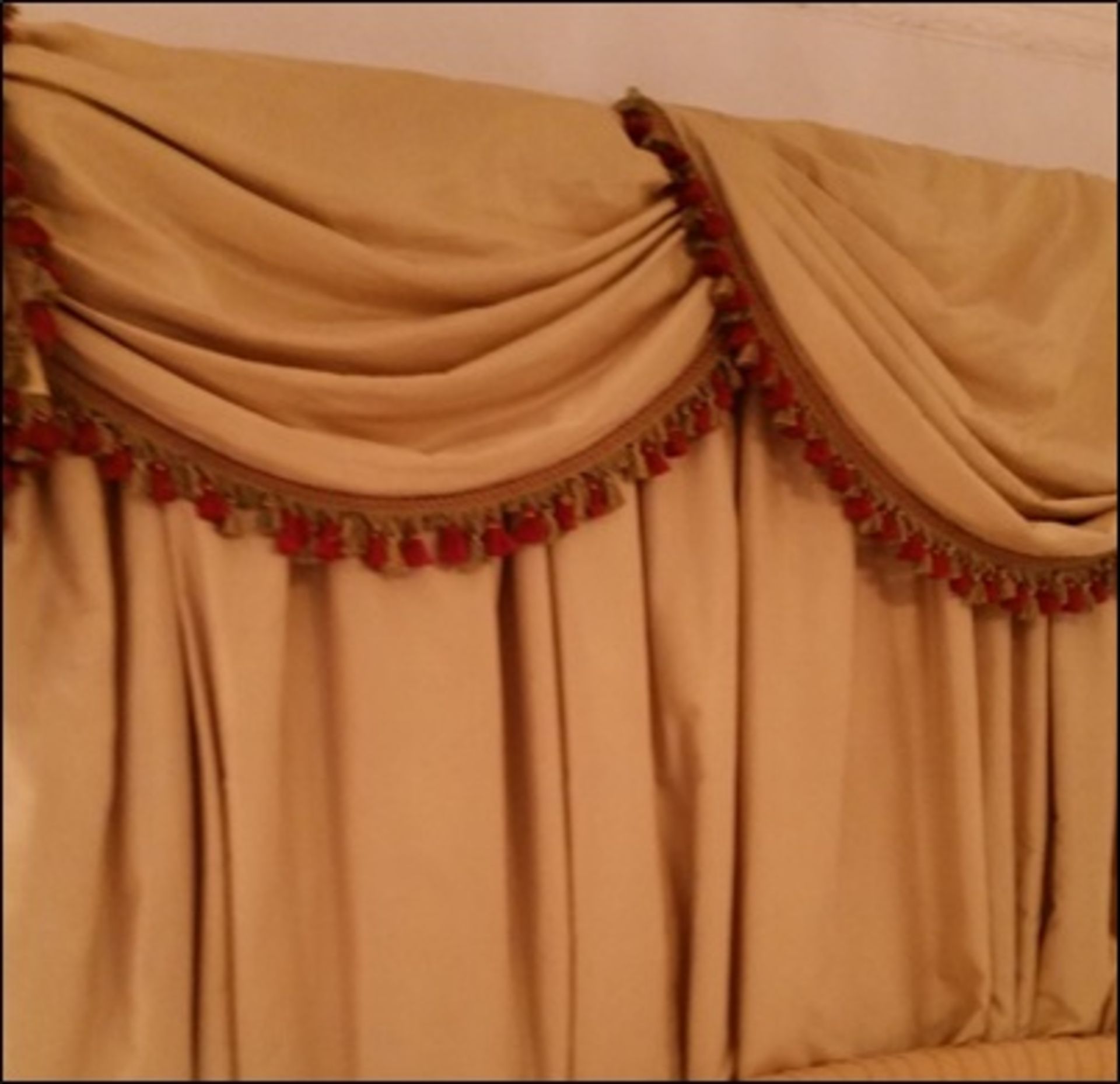 A pair of soft gold lined luxury drape curtains with swag valance pelmetRoom403Lift out charge 15