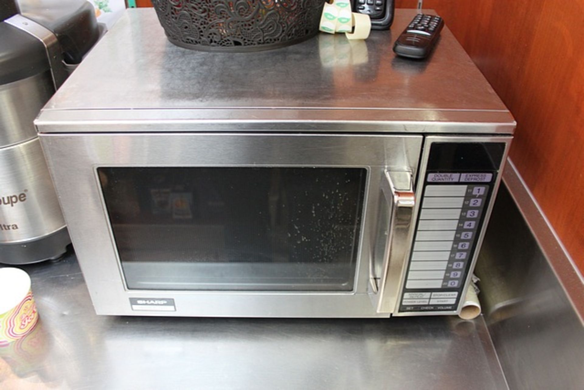 Sharp R24AT stainless steel commercial microwave oven touch controls with 20 presets 11 power levels