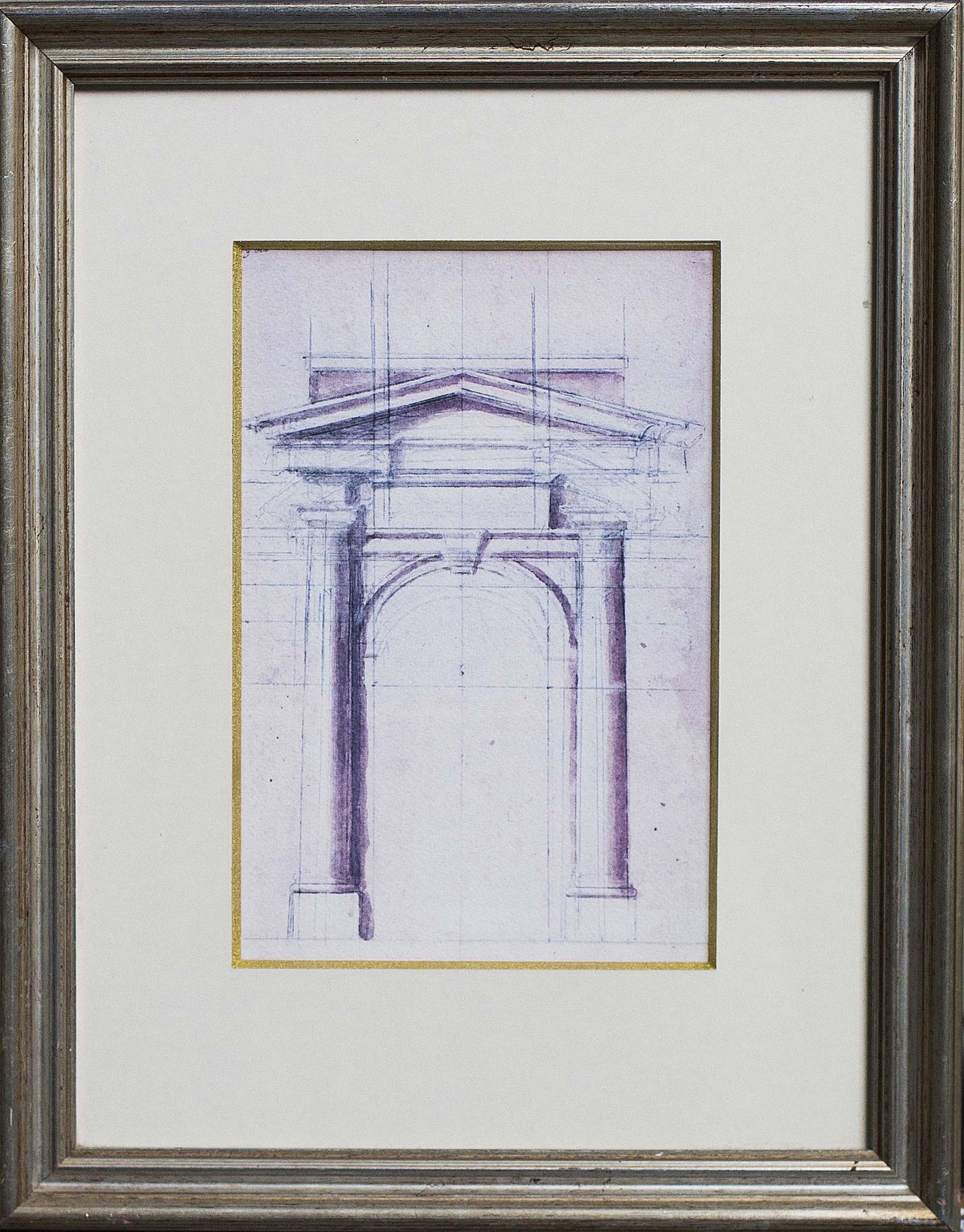 Series of six prints of a Roman temple entrance in a silver frame 49 x 39cm
