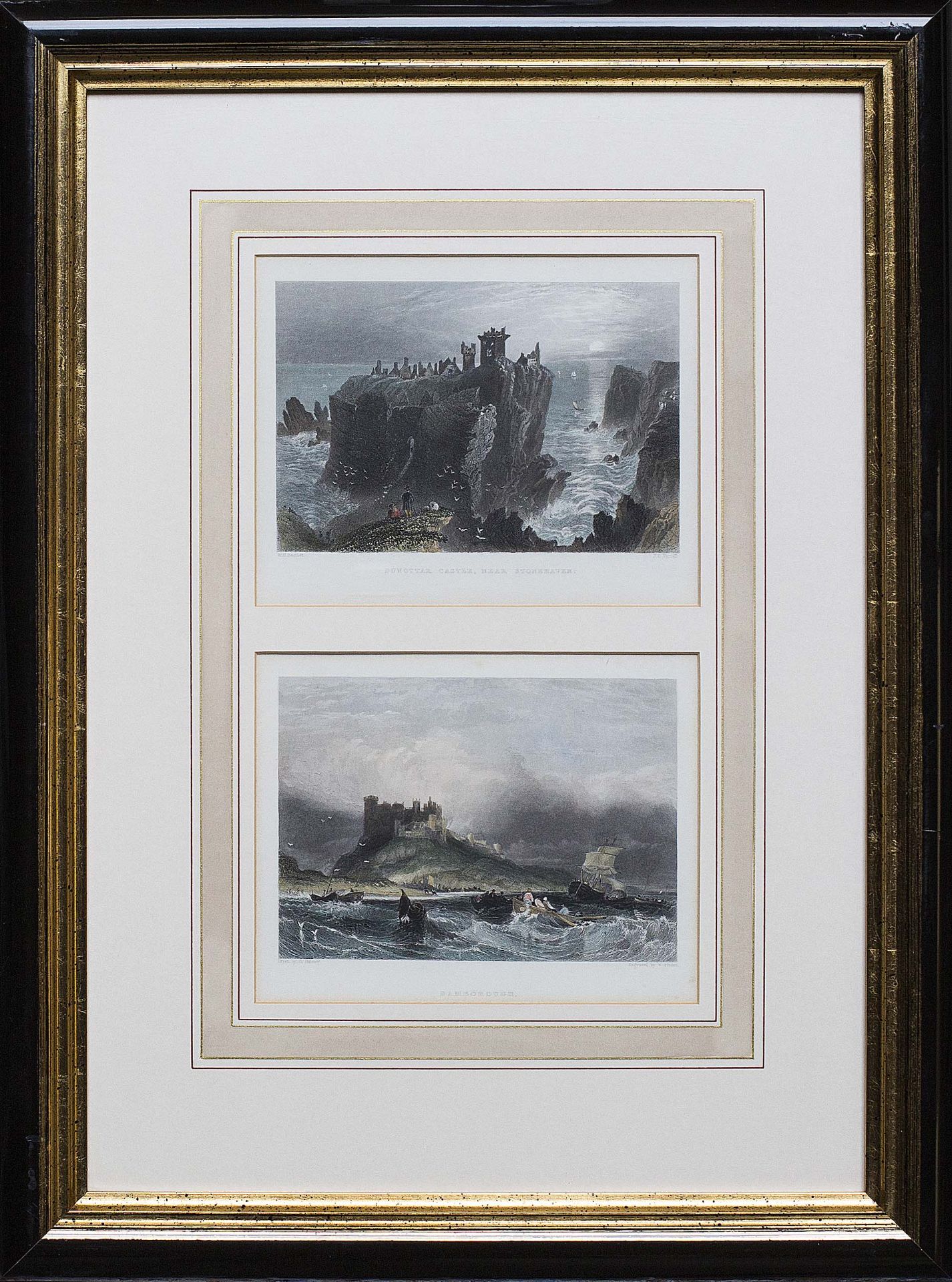 Print of two castles and stormy sea in a simple black and gilt frame Dunottar Castle Antique steel
