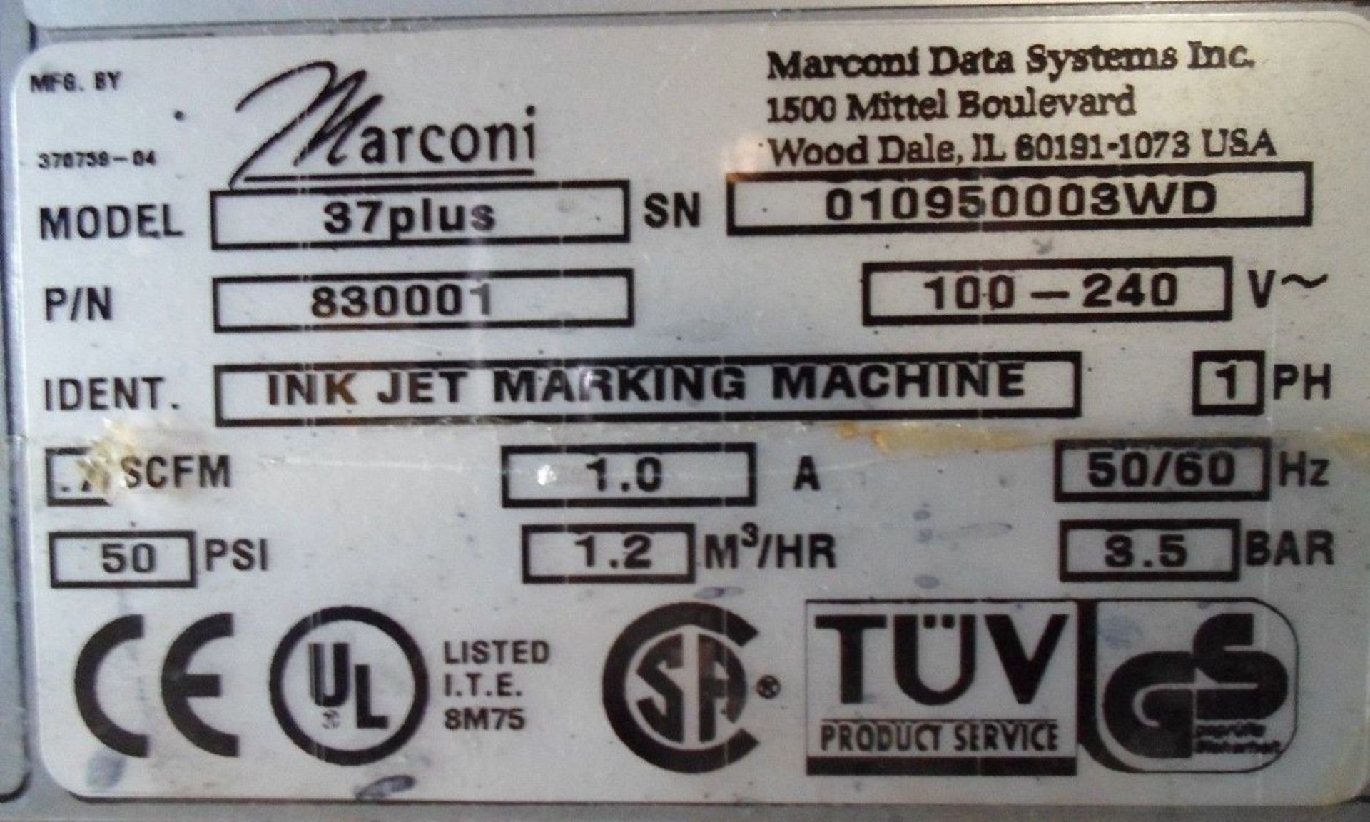 MARCONI INK JET (VIDEOJET) MARKING MACHINE 37PLUS 1.0A 100-240V 50/60HZ - Image 2 of 3