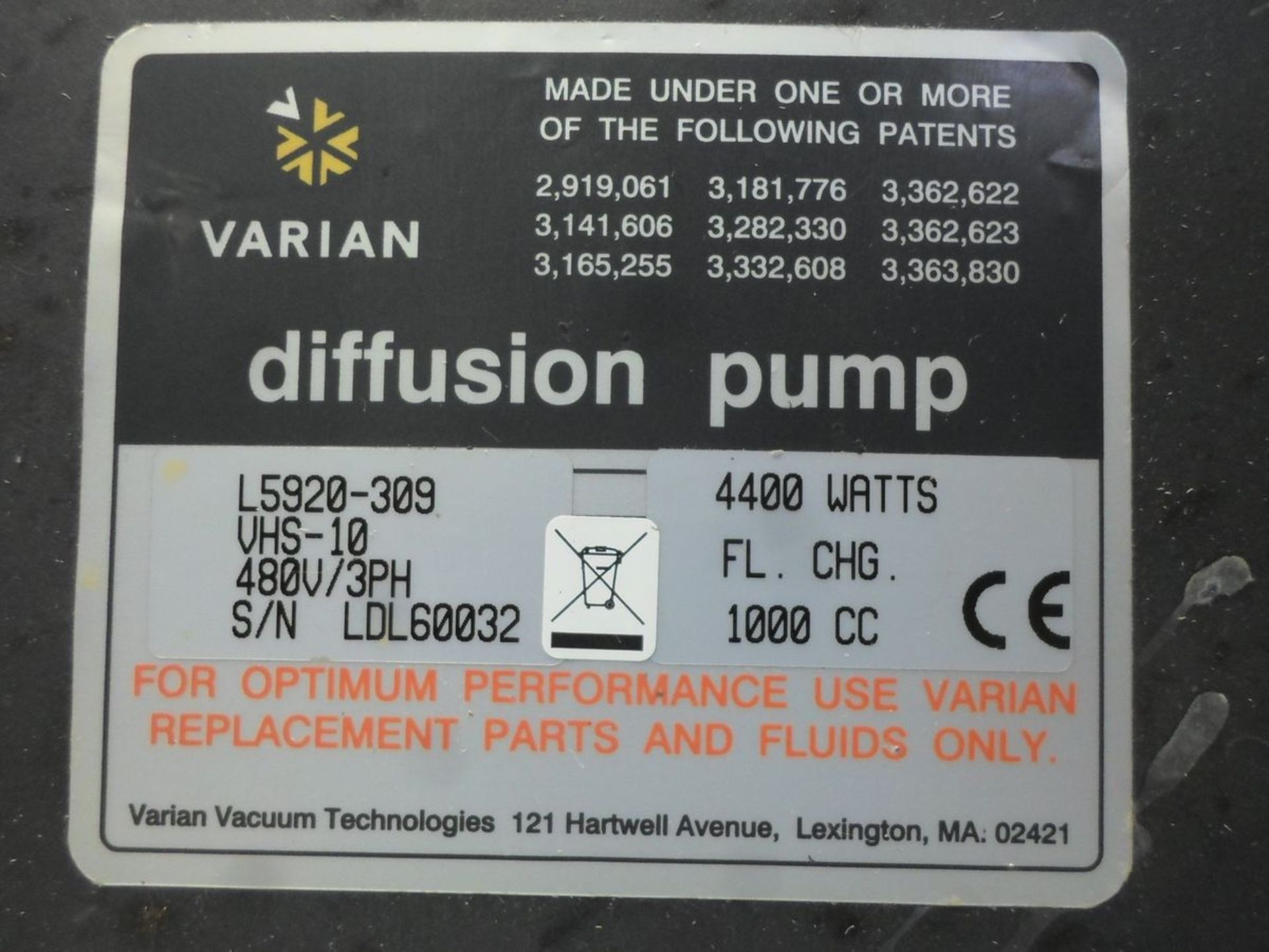 LOT OF ONE VARIAN L5920-309 VHS-10 DIFFUSION PUMP 4400WATTS 480V/3PH 1000CC - Image 2 of 2