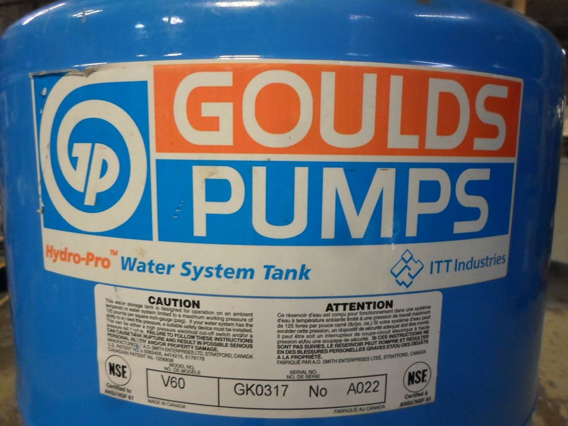 GOULDS PUMP HYDRO-PRO WATER SYSTEM TANK V60 GK0317 A022 DIAPHRAM TANK - Image 2 of 2