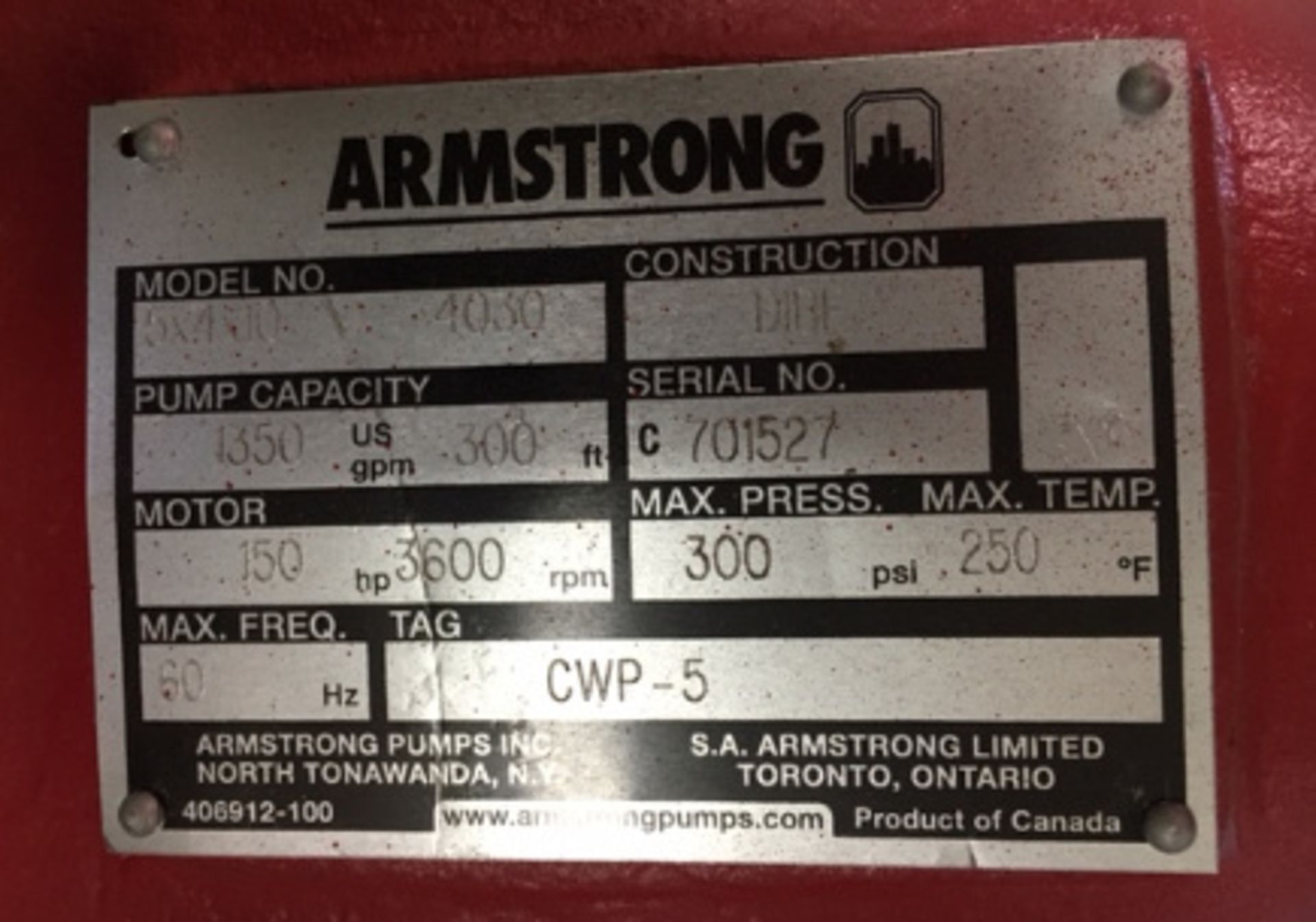 125 HP Armstrong Centrifugal Pump 3PH 1700 GPM 125 HP - Image 4 of 4