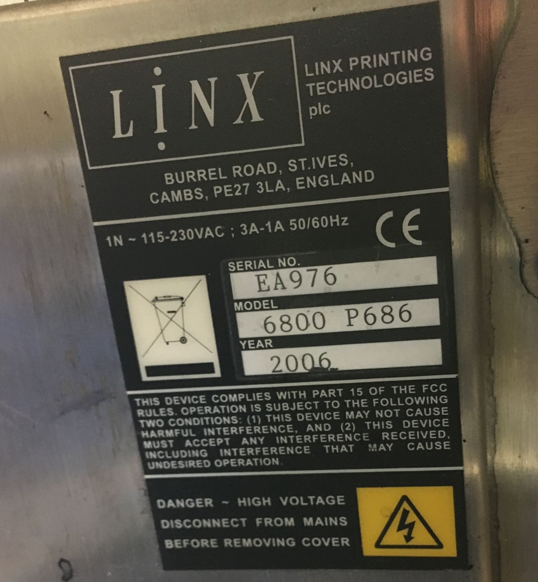 2006 LINX PRINTING TECHNOLOGIES 6800 P686 INK JET PRINTER STAINLESS STEEL - Image 5 of 5