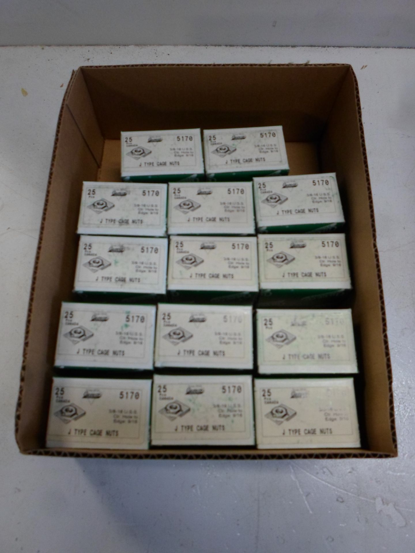 LOT OF 14 AUVECO J TYPE CAGE NUTS 3/8-16 U.S.S CTR. HOLE TO EDGE: 9/16 25 IN EACH BOX
