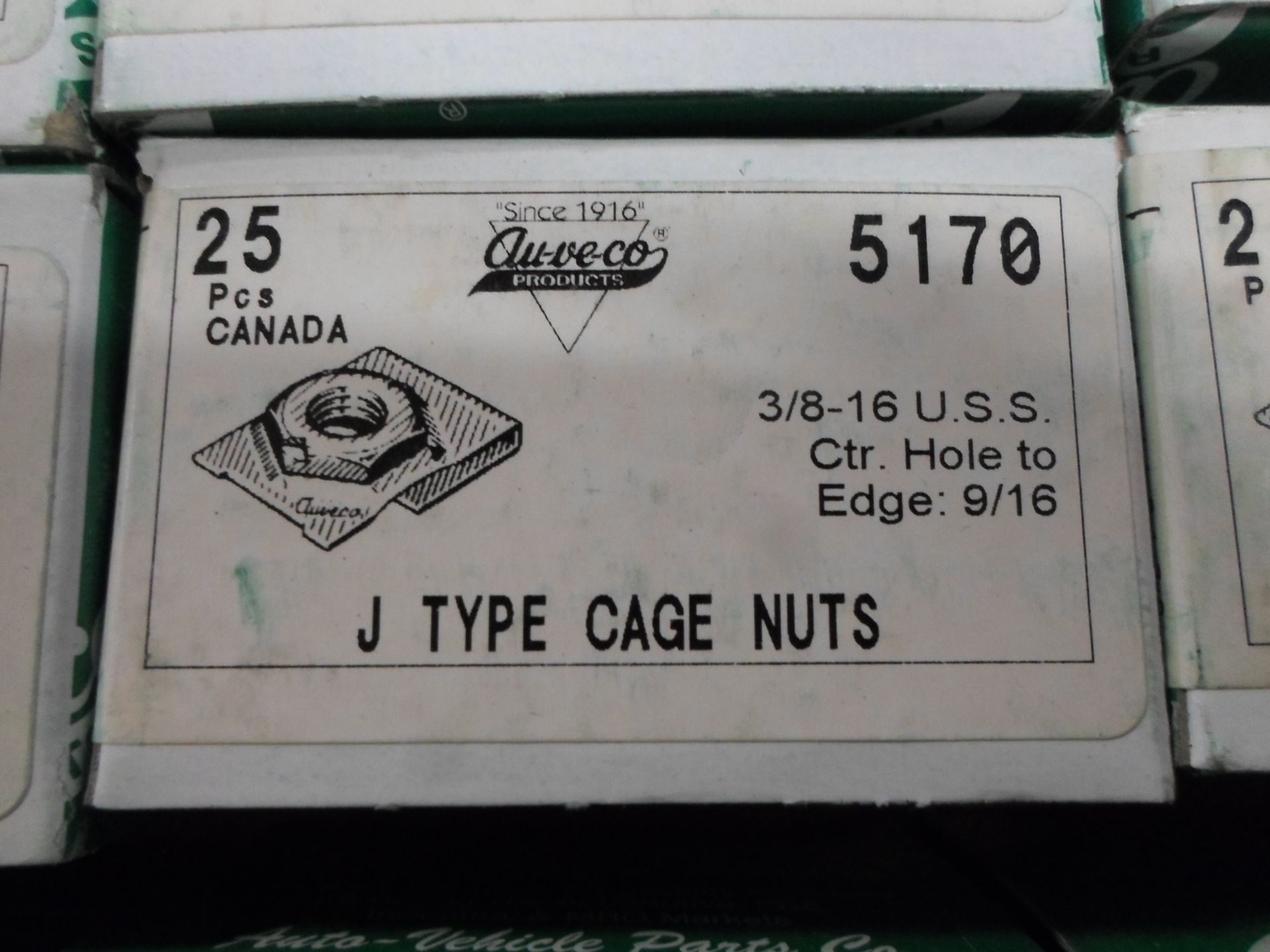 LOT OF 14 AUVECO J TYPE CAGE NUTS 3/8-16 U.S.S CTR. HOLE TO EDGE: 9/16 25 IN EACH BOX - Image 2 of 2
