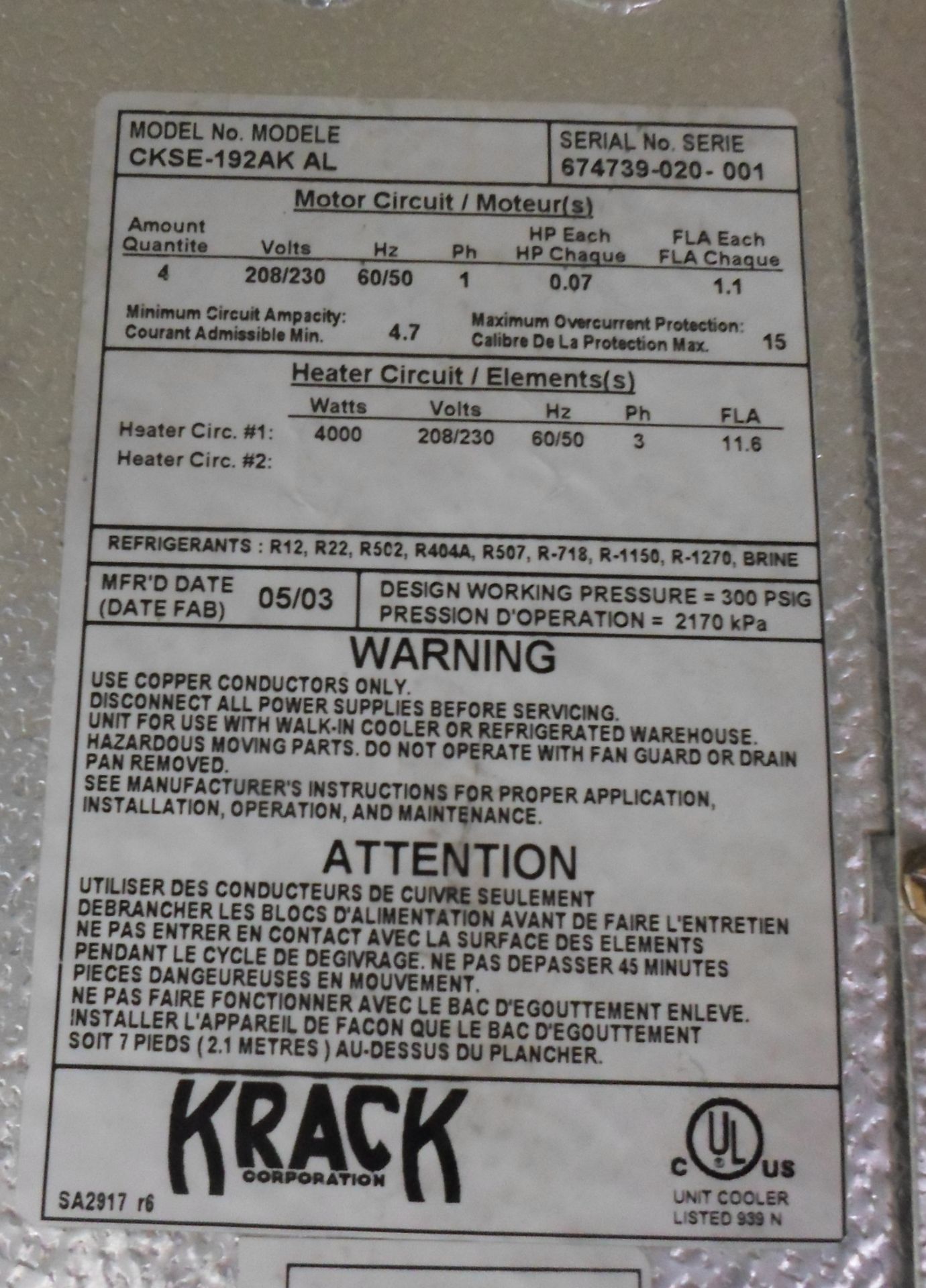 4 FAN KRACK CONDENSOR 1 PHASE 4000W 208/230V HEATER CKSE-192AKAL - Image 2 of 3