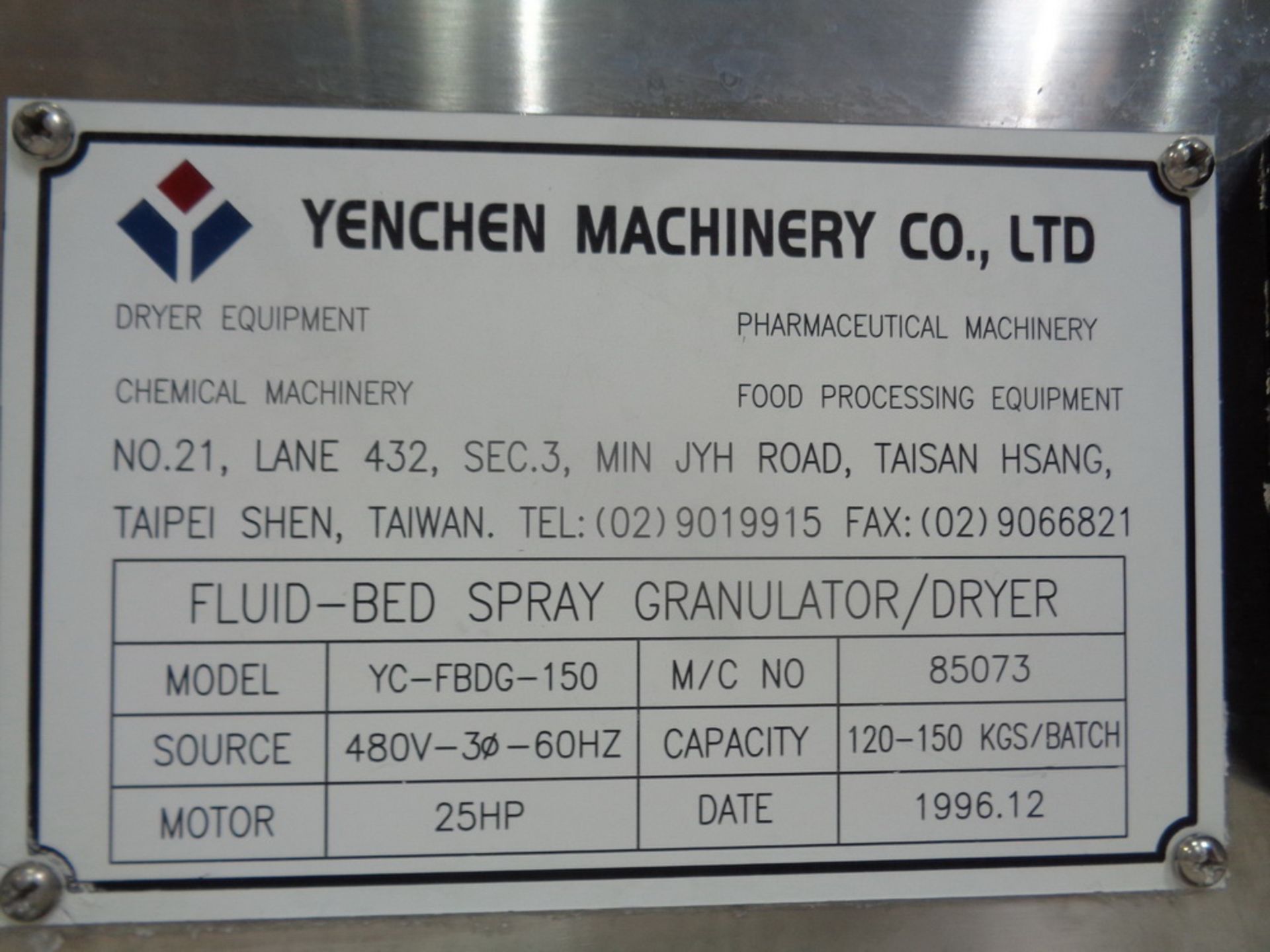 YENCHEN 150KG CAPACITY FLUID BED DRIER, MODEL YC-FBDG-150, SERIAL NUMBER 85073, NEW 1996. - Image 9 of 17