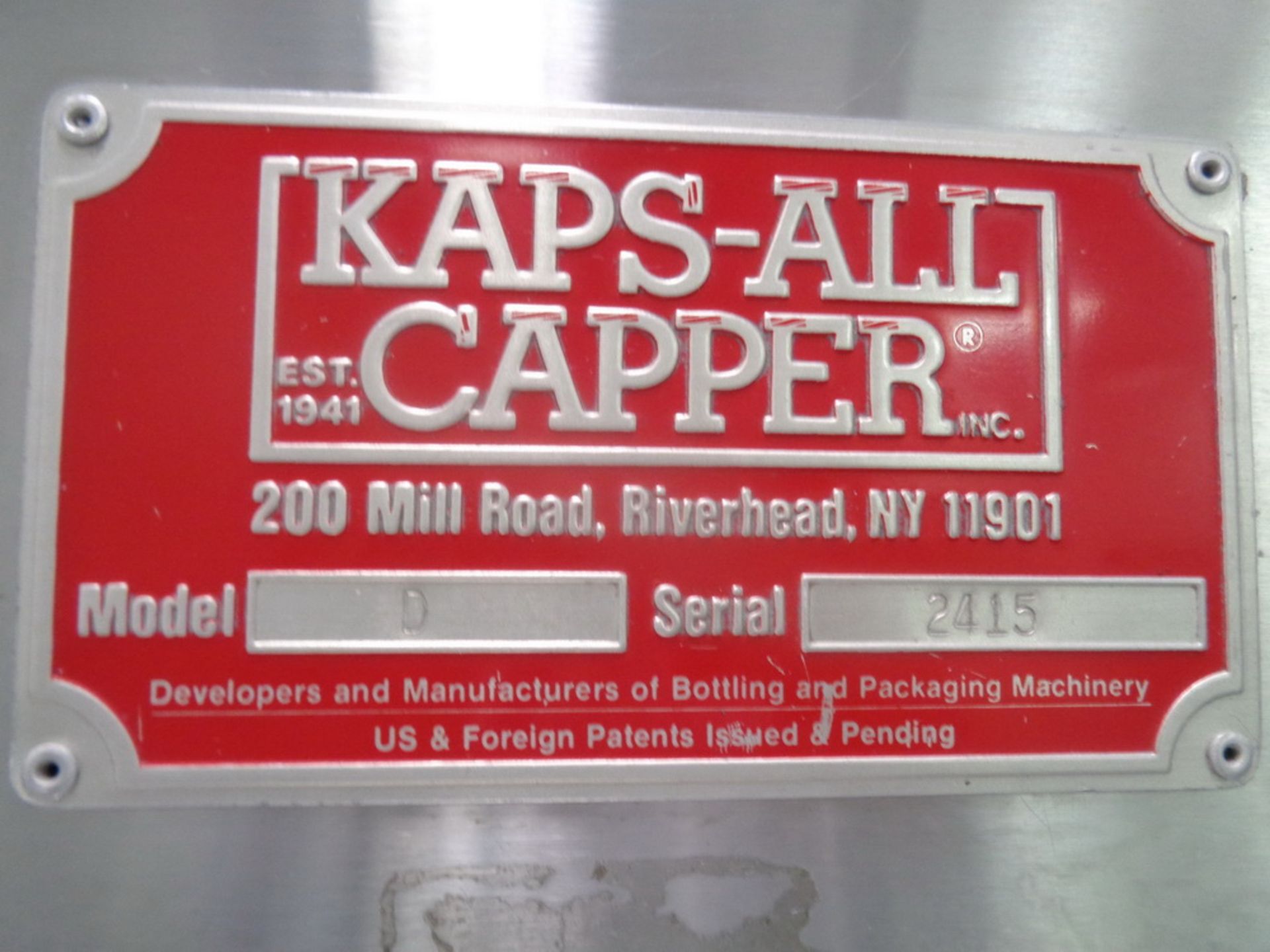 KAPS-ALL CAPPER, CONTINUOUS MOTION 4 SPINDLE TYPE, MODEL D, SERIAL NUMBER 2415. - Image 3 of 8