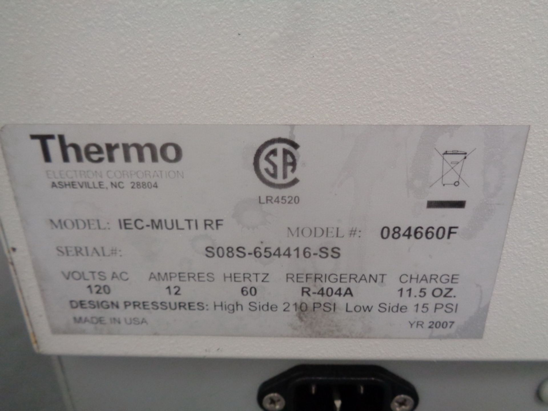 THERMO IEC MULTI RF REFRIGERATED CENTRIFUGE, MODEL MULTI RF 084660F, SERIAL NUMBER S08S-654416-SS, - Image 4 of 4