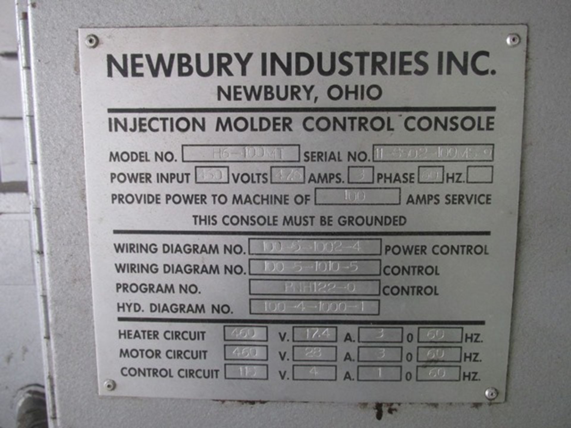 100 ton Newberry injection molder, model H6-100MT, 14" x 17" tie bar spacing, built 1991 - Image 11 of 15