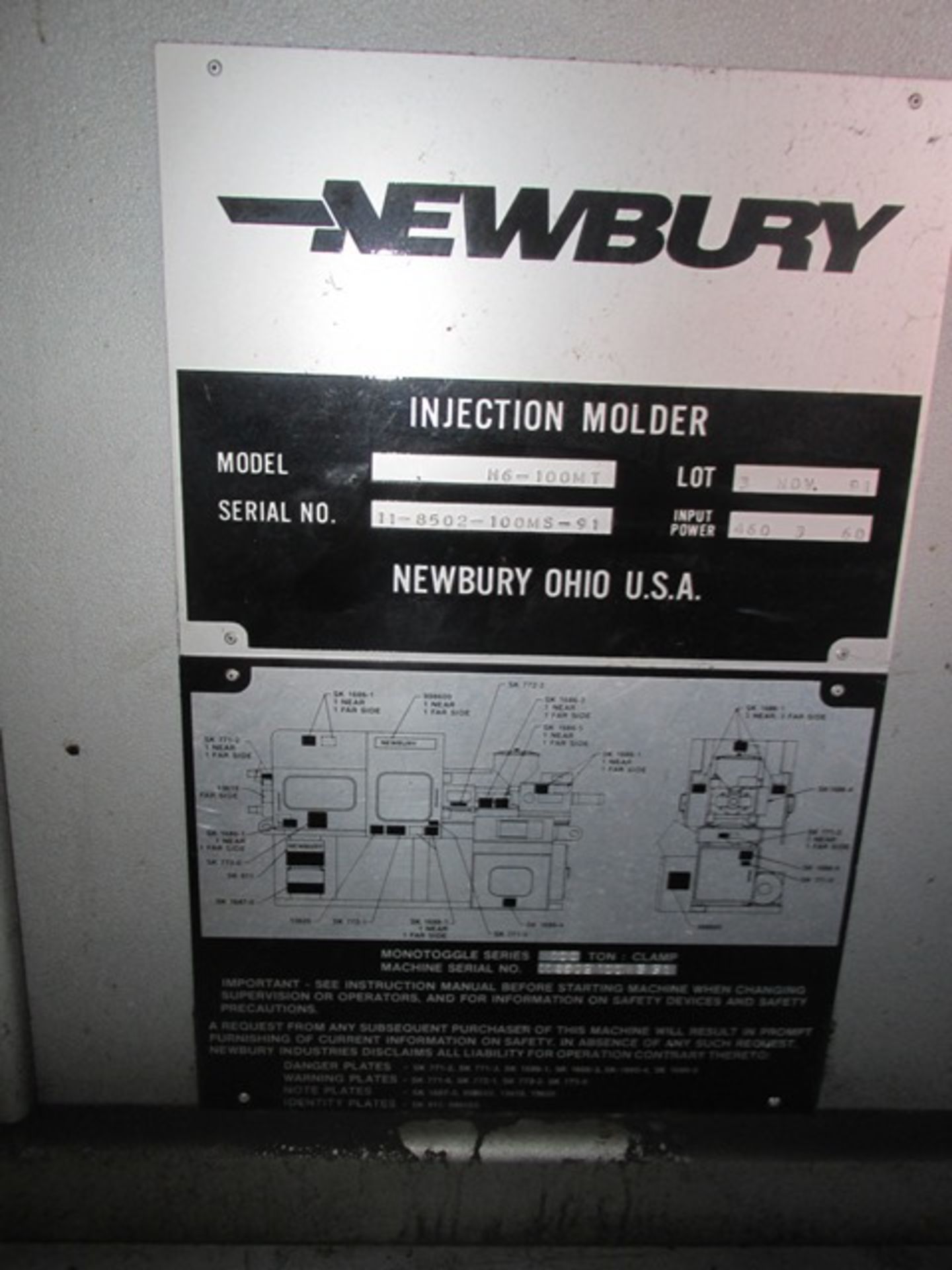 100 ton Newberry injection molder, model H6-100MT, 14" x 17" tie bar spacing, built 1991 - Image 2 of 15
