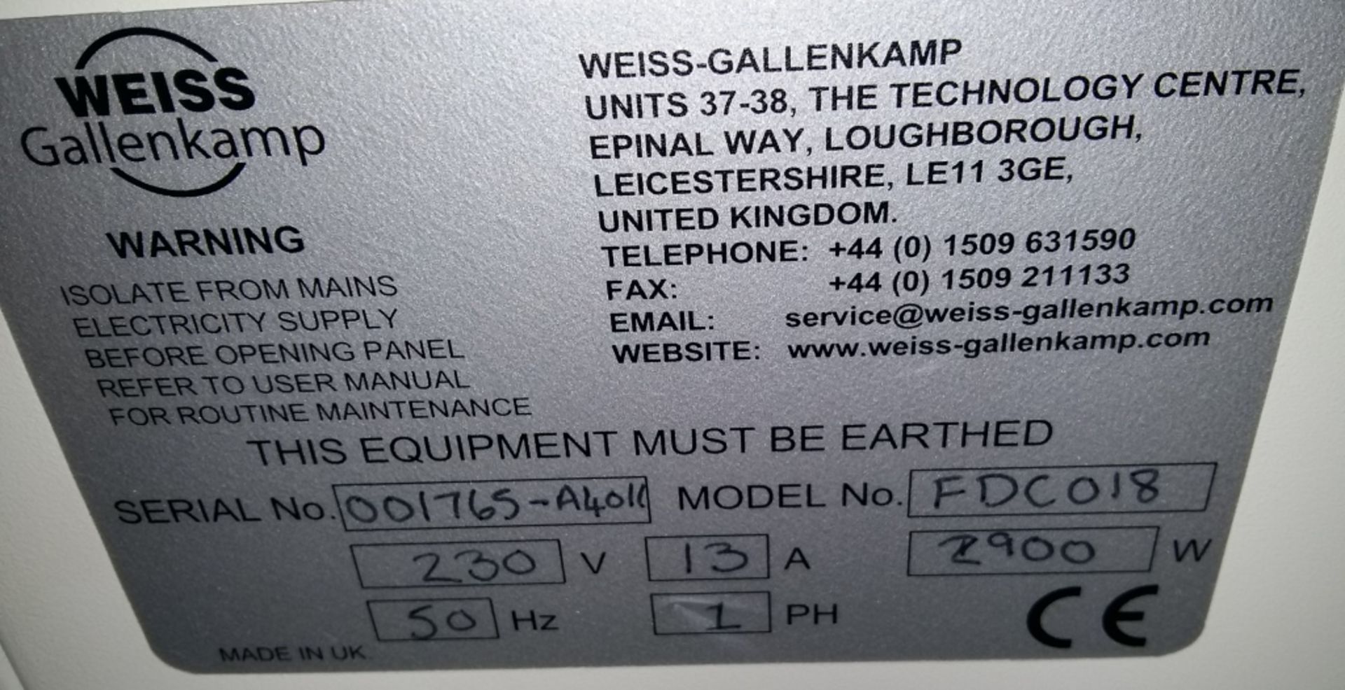 Weiss Gallenkamp FDC018 Environmental chamber - 230V - 13A - 2900W - 50hz - 1ph - Image 3 of 3