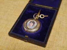 A late Victorian lady's fob watch, the gilt dial and chapter ring with Roman numerals, the case