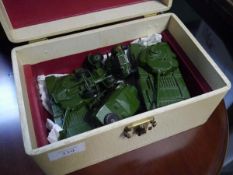 Box containing Dinky military vehicles including Centurion tank, armoured car, and field artillery
