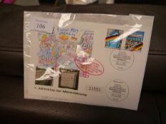 1990 German first day cover that includes a piece from the Berlin Wall inserted into the cover