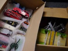 Box containing vintage Dinky and Corgi model vehicles together a box of model railway track