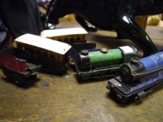 Model Rail; two Chad Valley tin plate locomotives together with two Hornby Pullman tin plate