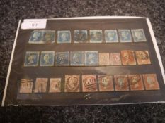 Early Great Britain stamps on stock card including 2d blues x 13 (26 stamps)