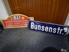 20th century German enamel street sign and a Great British Film Valley Rally 1990 sign