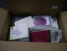 Box containing postal museum cards, First Day covers and a small world album etc