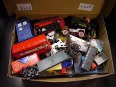 Box containing a collection of toy cars including Corgi London standard bus, Dr Who tardis Ledo