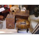 Collection of treen money banks including miniature whisky barrel and coal scuttle