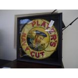 A vintage Players Navy Cut double sided glass and metal suspended illuminated box advertising