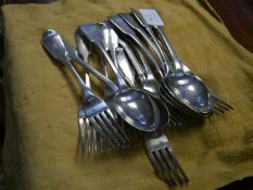 Group of 19th century silver flatware comprising six Fiddle pattern dessert spoons, six Hanoverian