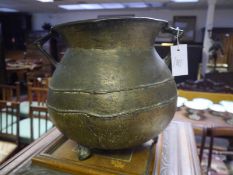 Fifteenth century bronze cauldron, Northern European, of circular bellied form, with flared rim