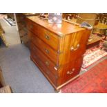 19th century brass-bound mahogany campaign chest, in two halves, the upper section with two short