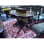 Boulle work loo table in 19th century style, the scalloped oval top with gilt-metal mounted border