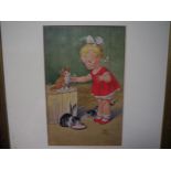 Mabel Lucie Attwell (1879-1964), "Feeding Pussy", signed lower right, watercolour, framed. 25cm by