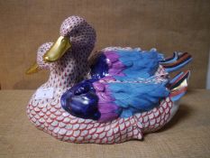 Large Herend porcelain group of two ducks, painted in the characteristic scaled pallet,